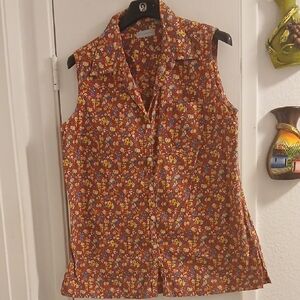 Northwest Blue Red Floral Button-Down Shirt Sleeveless XL Splits At The Sides